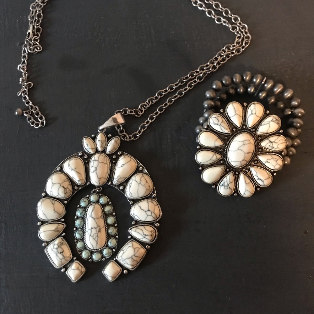 squash blossom necklace and bracelet set white/turquoise